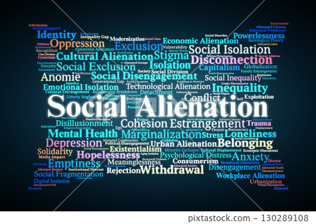 Social Alienation Word Cloud. Key Concepts On Isolation, Disconnection, Inequality, Identity, And Psychological Impact In Modern Societies. 130289108