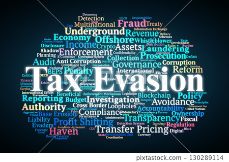 Tax Evasion Word Cloud. Key Terms On Fraud, Compliance, Regulation, Offshore Assets, Illicit Flows, And Global Financial Governance. 130289114