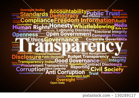 Transparency Word Cloud. Key Terms On Accountability, Governance, Ethics, Public Trust, Disclosure, And Democratic Oversight In Institutions And Policy Frameworks. Transparency Word Cloud. Key Terms On Accountability, Governance, Ethics, Public Trust, Disclosure, And Democratic Oversight In Institutions And Policy Frameworks. 130289117
