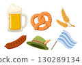 Set of beer glass, pretzel, ears of corn, sausage, hat, flag on a white. Okroberfest 130289134