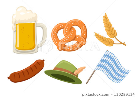 Set of beer glass, pretzel, ears of corn, sausage, hat, flag on a white. Okroberfest Set of beer glass, pretzel, ears of corn, sausage, hat, flag on a white. Okroberfest 130289134