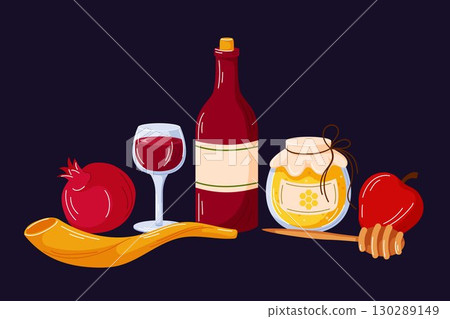 Traditional Jewish holiday Rosh Hashanah symbol including shofar, kiddush wine bottle, glass, honey jar, pomegranate, apple and dipper on dark background in cartoon style. Traditional Jewish holiday Rosh Hashanah symbol including shofar, kiddush wine bottle, glass, honey jar, pomegranate, apple and dipper on dark background in cartoon style. 130289149
