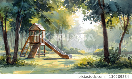 Wooden playground slide in forest park with sunlight shining through trees creating peaceful and inviting outdoor scene 130289284