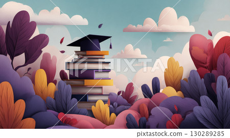 Graduation cap on stack of books surrounded by colorful autumn leaves and bushes under cloudy sky with soft light 130289285