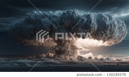 Nuclear explosion cloud mushroom cloud dark sky smoke dramatic lighting powerful blast atmospheric phenomenon intense energy 130289376