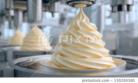Soft serve ice cream swirl being dispensed from machine in production line, creamy texture with industrial background and smooth flow 130289380