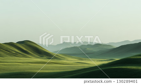 Green rolling hills under soft sunlight with distant mountain range and clear sky creating peaceful natural landscape 130289401