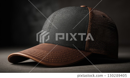 Baseball cap with black fabric front and brown leather curved brim, mesh back, stylish casual headwear on dark surface with moody lighting Baseball cap with black fabric front and brown leather curved brim, mesh back, stylish casual headwear on dark surface with moody lighting 130289405