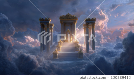 Ancient golden throne on grand staircase surrounded by tall columns in mystical cloudscape with dramatic lighting and serene atmosphere 130289413