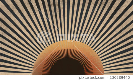 Abstract sunburst design with radial black lines and warm orange circle creating vintage retro style visual art 130289440