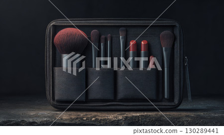 Makeup brush set with red bristles and red lipstick in black textured case arranged with symmetry on dark background creating elegant mood 130289441