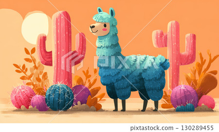 Whimsical desert scene with friendly blue llama standing among colorful pink and blue cacti under warm orange sky Whimsical desert scene with friendly blue llama standing among colorful pink and blue cacti under warm orange sky 130289455