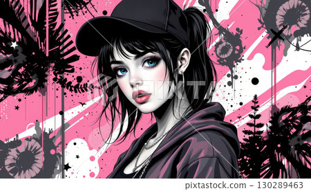 Stylized portrait of young woman with blue eyes wearing black cap and hoodie, set against vibrant pink and black abstract background with floral Stylized portrait of young woman with blue eyes wearing black cap and hoodie, set against vibrant pink and black abstract background with floral 130289463