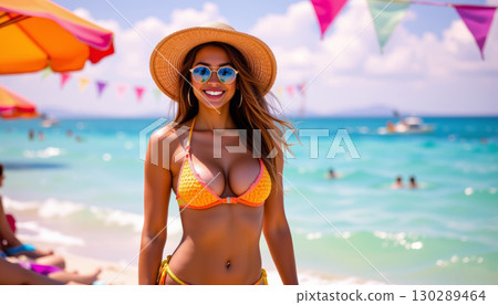 Young woman in yellow bikini and straw hat smiling on sunny beach with colorful umbrellas and festive flags 130289464