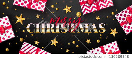 Merry Christmas and Happy New Year Greeting Card Banner with Gift Box, Gold Ornament and 3d Typography Lettering on Black Background. Vector Holiday Season Design with Decoration Elements for Party Merry Christmas and Happy New Year Greeting Card Banner with Gift Box, Gold Ornament and 3d Typography Lettering on Black Background. Vector Holiday Season Design with Decoration Elements for Party 130289548