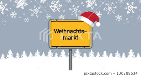 place sign with german word christmas market in snowy winter landscape vector illustration 130289634