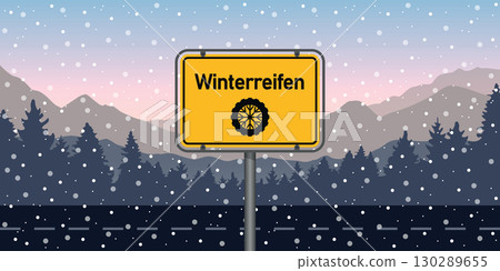 winter tires traffic sign on snowy winter landscape background vector illustration 130289655