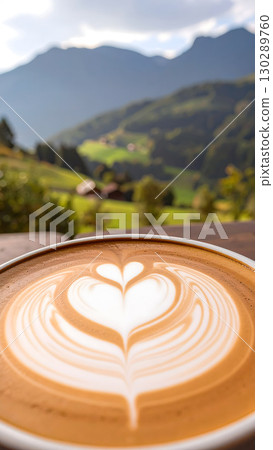 Espresso with a heart pattern and mountain scenery 130289760