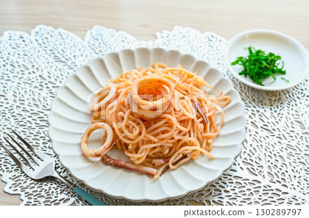 Pasta with squid and mentaiko Pasta with squid and mentaiko 130289797