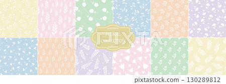 Collection of color pastel seamless floral patterns - drawing bright design. Repeatable spring nature delicate backgrounds with branches and flowers. Textile endless prints 130289812