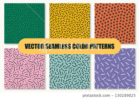 Collection of vector colorful geometric seamless patterns with shapes and symbols. Repeatable unusual trendy backgrounds in fashion retro style 80-90s. Vintage endless prints 130289825