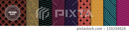 Collection of striped seamless geometric patterns - elegant decorative fabric textures set. Luxury vintage ornamental design. Bright colorful creative repeatable backgrounds 130289826