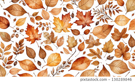 Background of autumn leaves of various shapes painted in watercolor 130289846
