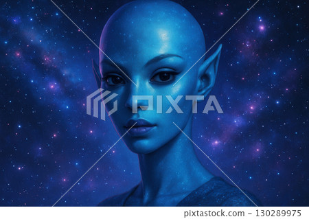 Blue Extraterrestrial Portrait Against Starry Cosmic Background 130289975