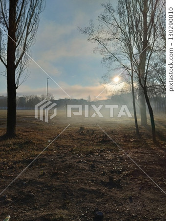 Fog spreads across the ground. Sunrise in nature. Morning Landscape Fog spreads across the ground. Sunrise in nature. Morning Landscape 130290010