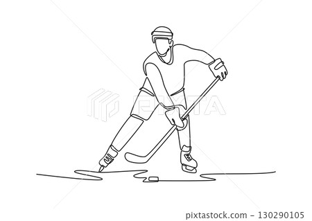 Continuous one line drawing attractive man ice hockey player is stick handling puck, symbolize athletic skill, speed, energetic action of the game. Single line draw design vector graphic illustration 130290105