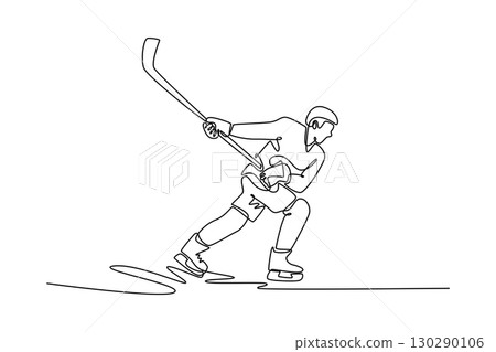 Continuous one line drawing man ice hockey player in powerful low stance with his stick, symbolizing aggressive action, focus, and athletic skill. Single line draw design vector graphic illustration Continuous one line drawing man ice hockey player in powerful low stance with his stick, symbolizing aggressive action, focus, and athletic skill. Single line draw design vector graphic illustration 130290106