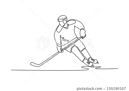 Continuous one line drawing young man ice hockey player is skating in indoor arena. Representing agility, power, and graceful movement at the game. Single line draw design vector graphic illustration Continuous one line drawing young man ice hockey player is skating in indoor arena. Representing agility, power, and graceful movement at the game. Single line draw design vector graphic illustration 130290107