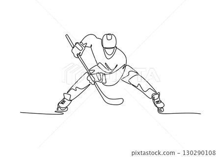 Continuous one line drawing male athlete in wide, defensive stance on the ice. Embodying thrilling sport, competition, and motion of hockey player. Single line draw design vector graphic illustration Continuous one line drawing male athlete in wide, defensive stance on the ice. Embodying thrilling sport, competition, and motion of hockey player. Single line draw design vector graphic illustration 130290108