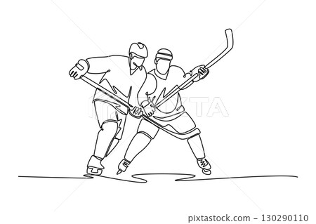 Continuous one line drawing two male ice hockey players are battling for puck, symbolizing competition, strategic combat, energetic start of game. Single line draw design vector graphic illustration 130290110