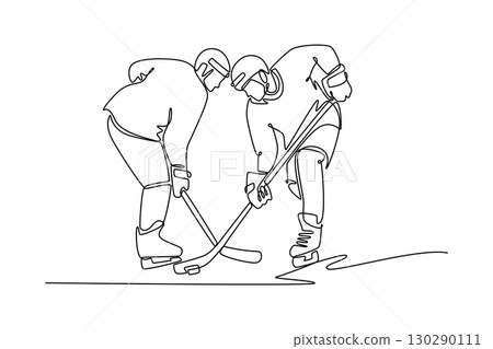 Continuous one line drawing two male ice hockey players in tense face-off, symbolizing competition, strategic combat, and energetic start of game. Single line draw design vector graphic illustration 130290111