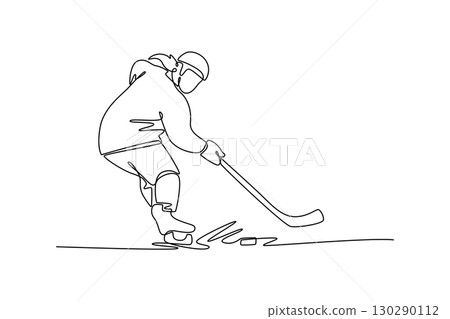 Continuous one line drawing female ice hockey player stickhandling a puck. Symbolizing athletic skill, speed, and the energetic action of the game. Single line draw design vector graphic illustration Continuous one line drawing female ice hockey player stickhandling a puck. Symbolizing athletic skill, speed, and the energetic action of the game. Single line draw design vector graphic illustration 130290112