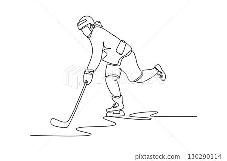 Single continuous line drawing active female ice hockey player is skating, stickhandling the puck. Athletic skill, speed, and energetic action. Dynamic one line draw graphic design vector illustration 130290114