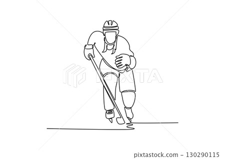 Single continuous line drawing female ice hockey player in powerful low stance skating forward, symbolizing aggressive action, focus, athletic skill. One line draw graphic design vector illustration 130290115
