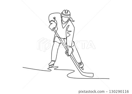 Single continuous line drawing female ice hockey player in dynamic skating motion, stickhandling the puck. Athletic skill, speed, and energetic action. One line draw graphic design vector illustration 130290116
