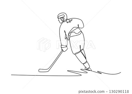 Single continuous line drawing back view professional female ice hockey player is skating. Representing agility, power, and graceful movement. Dynamic one line draw graphic design vector illustration 130290118