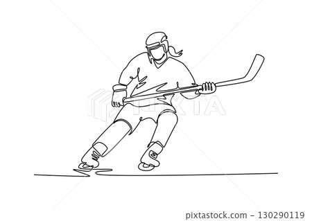 Single continuous line drawing front view attractive female ice hockey player is skating. Representing agility, power, and graceful movement. Dynamic one line draw graphic design vector illustration Single continuous line drawing front view attractive female ice hockey player is skating. Representing agility, power, and graceful movement. Dynamic one line draw graphic design vector illustration 130290119