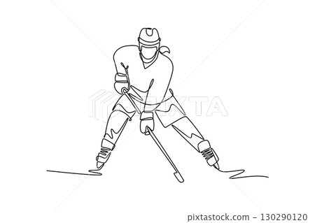 Single continuous line drawing front view female ice hockey player in a wide, low stance. Symbolizing power, athletic skill, and poised action. Dynamic one line draw graphic design vector illustration 130290120