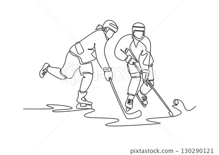 Single continuous line drawing two ice hockey players are engaged in a competitive match. Teamwork, dynamic action, and the aggressive nature of sport. One line draw graphic design vector illustration Single continuous line drawing two ice hockey players are engaged in a competitive match. Teamwork, dynamic action, and the aggressive nature of sport. One line draw graphic design vector illustration 130290121