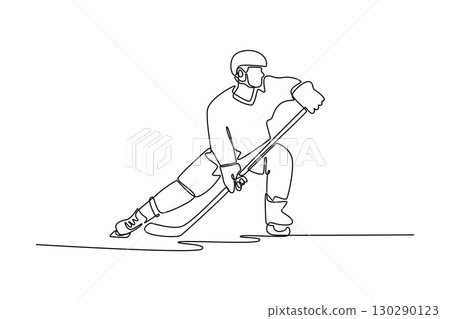 Single one line drawing young attractive man skating, representing the agility, power, skill, and graceful movement of ice hockey player. Modern continuous line draw design graphic vector illustration 130290123