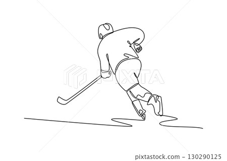 Single one line drawing back view male ice hockey player in powerful run stance with his stick. Symbolizing aggressive action, focus, balance. Continuous line draw design graphic vector illustration 130290125