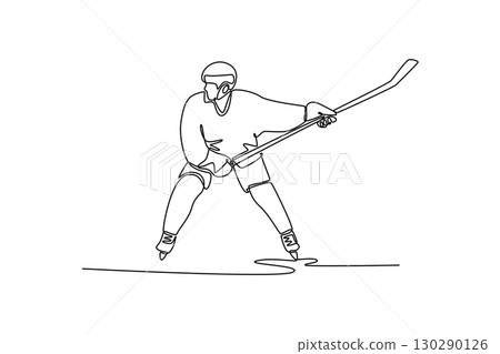 Single one line drawing front view of male ice hockey player in powerful stance with helmet and stick. Aggressive action, focus, athletic skill. Continuous line draw design graphic vector illustration 130290126