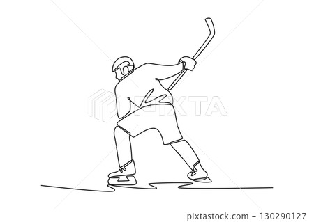 Single one line drawing male ice hockey player in powerful stance, preparing slapshot with his stick. Aggressive action, focus, athletic skill. Continuous line draw design graphic vector illustration 130290127