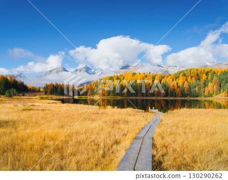 Lake and a small pier. Autumn landscape in Switzerland. Clouds and fall forest. 130290262