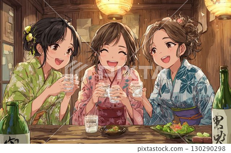 Girls' gathering with sake illustration 035 130290298