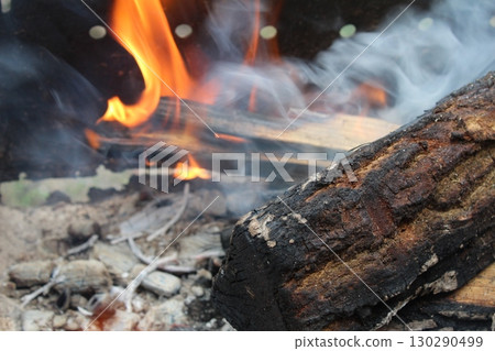 bonfire fire with smoke close-up in the dark on a black background. Burning wood, wood 130290499
